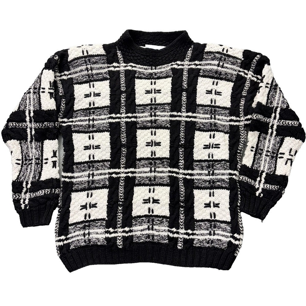 Northern Isles Sweater Mens L Black White Knit Pullover fisherman Geometric Y2K